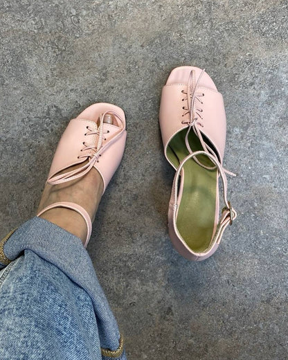 Lace Up Ankle Strap Block Heel Pumps