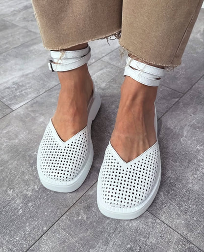 Perforated Ankle Strap Platform Flats