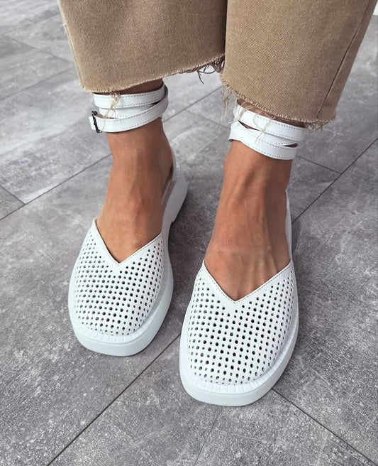 Perforated Ankle Strap Platform Flats