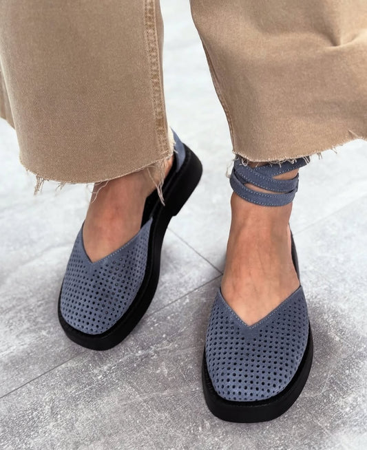Perforated Ankle Strap Platform Flats