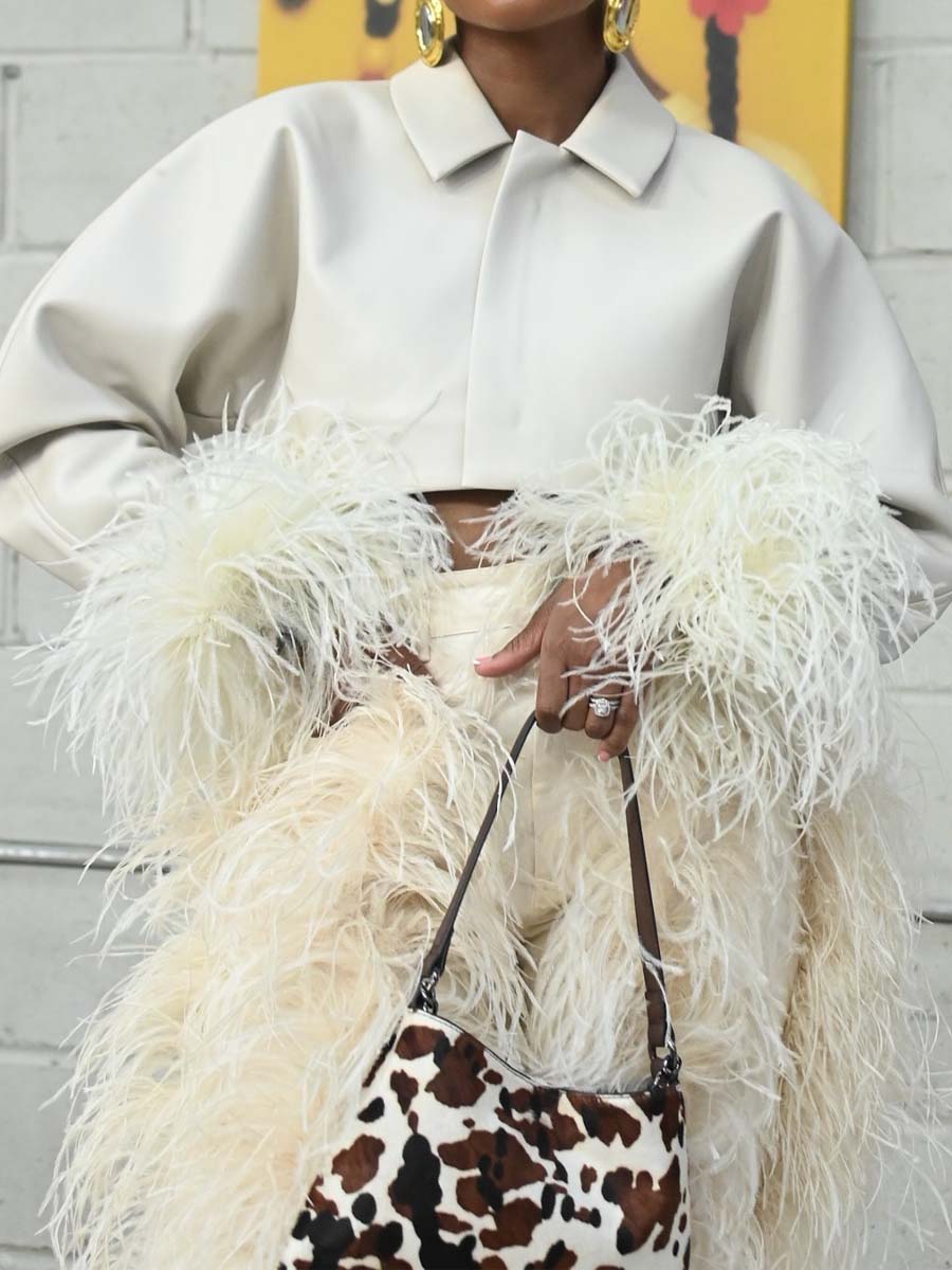 Feather Decoration Fashion Cropped Blazer & Pants