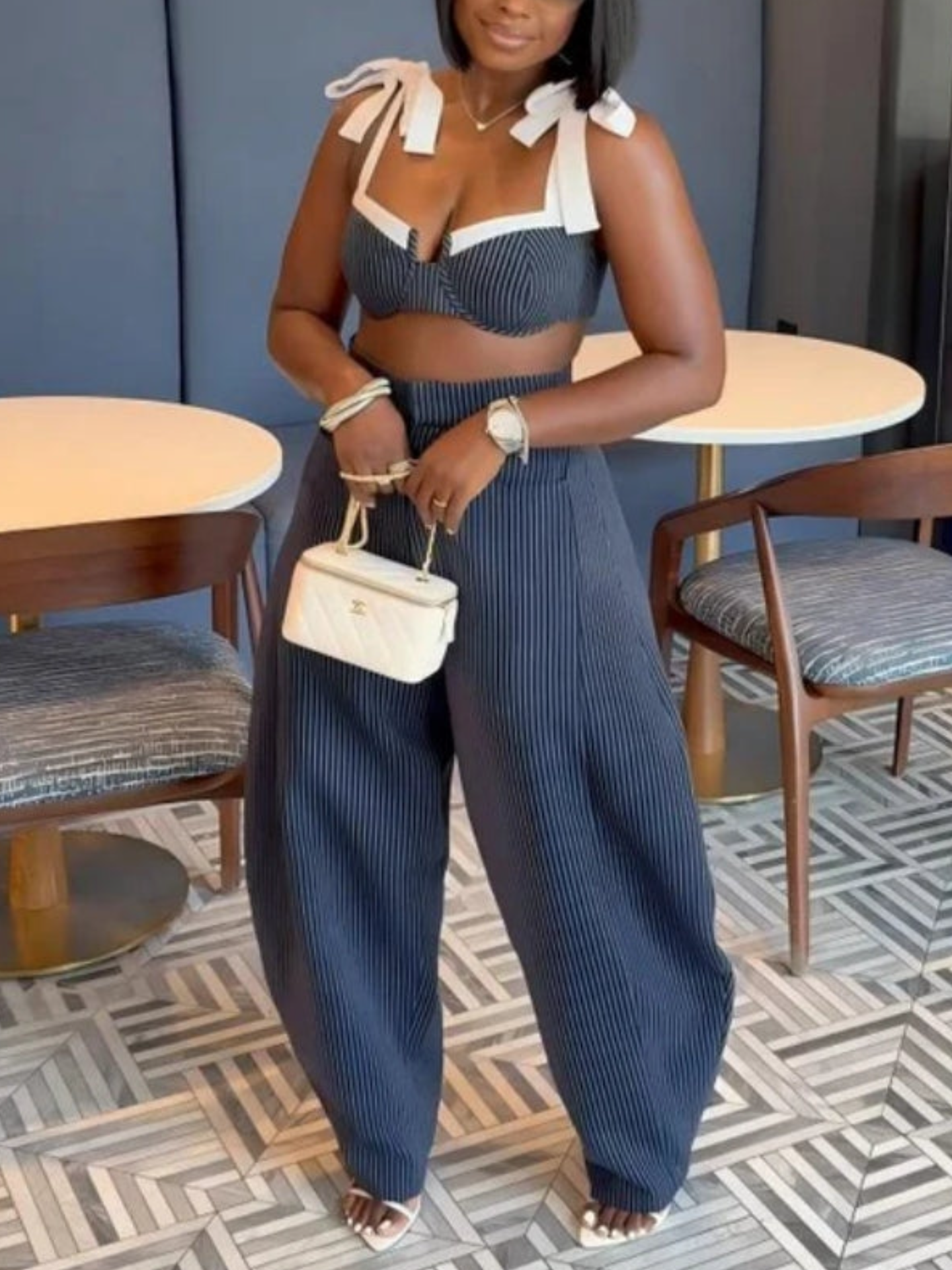 Chic Retro Striped Wide Leg Pants Set