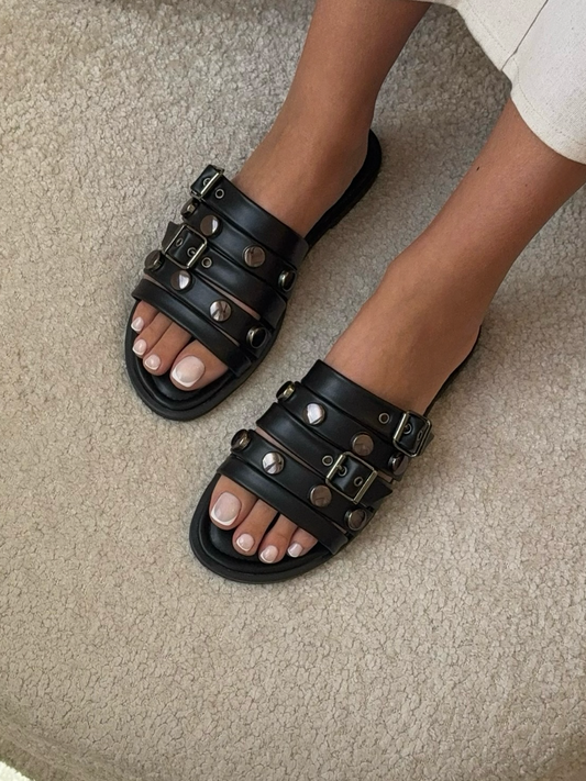 Studded Metal Buckle Flat Sandals