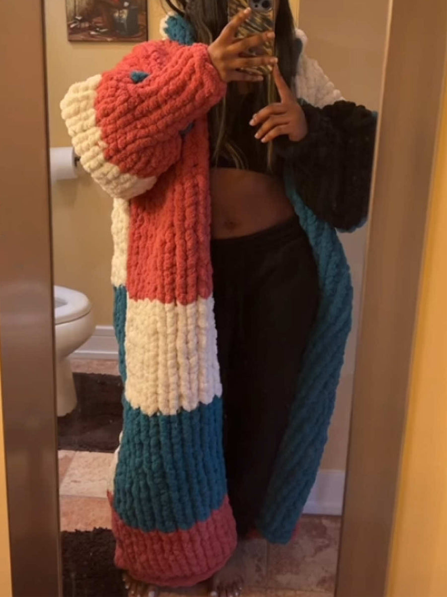 Color Block Hooded Knit Cardigan