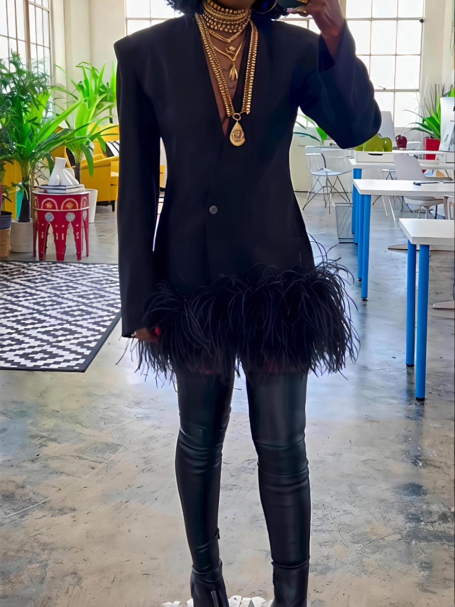 Feather Trim Button Front Blazer Dress