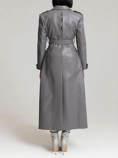 Faux Leather Oversized Front Flap Pockets Trench Coat