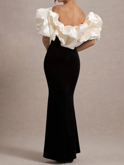 Ruffled Trim Patchwork Stretch Velvet Maxi Dress