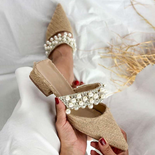 Pointed Pearl Detail Slippers