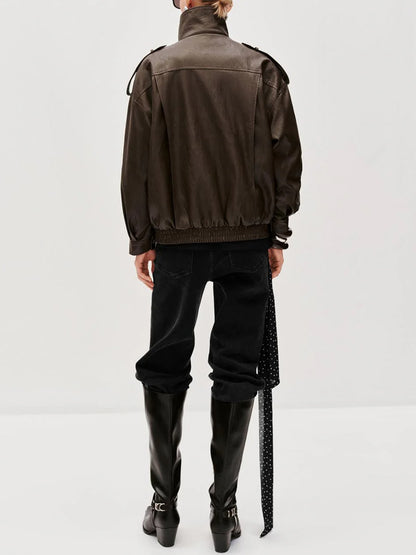 Tie Asymmetric Faux Leather Bomber Jacket