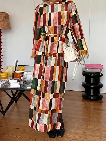 Tassel-Trim Cuff Printed Maxi Dress