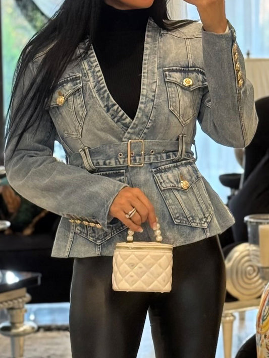 Denim V-neck Buttoned Cuffs Belted Blazer