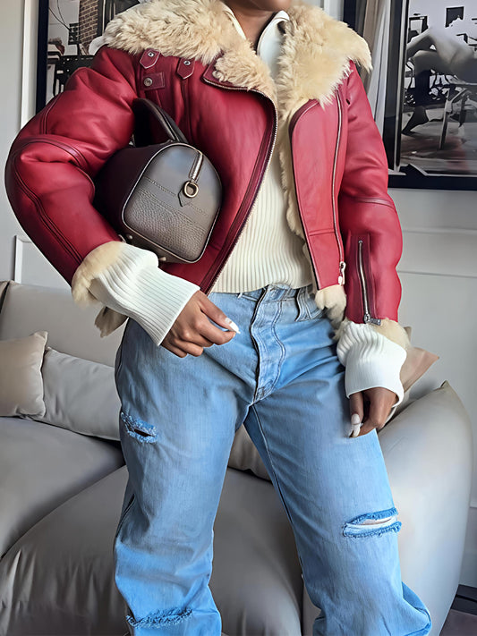 Fashion Faux Leather & Shearling Biker Jacket