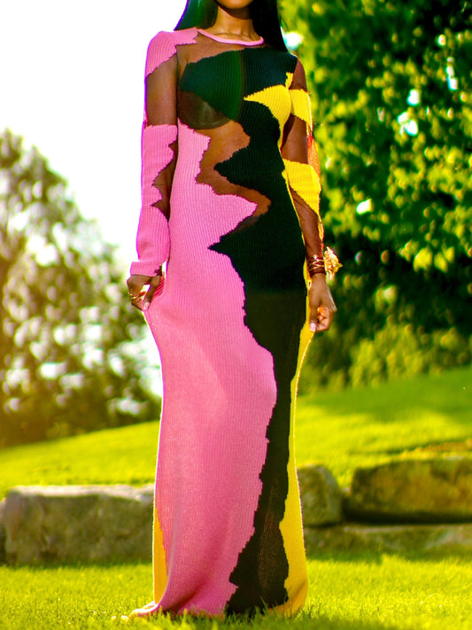 Mesh Patchwork Color Block Long Sleeve Maxi Dress