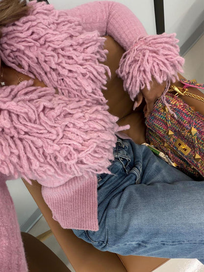 Knit Fringed Deep V Neck Top