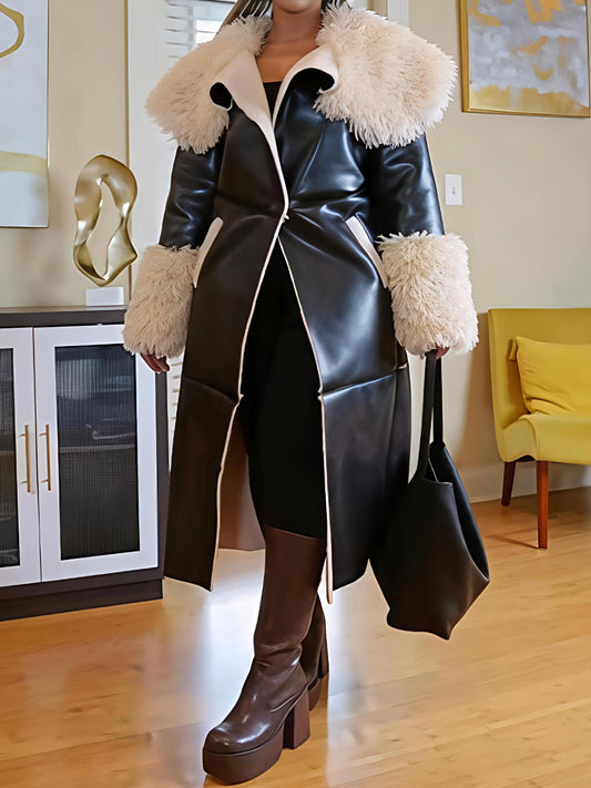 Faux Leather Faux Sherpa Trim Trench Coat