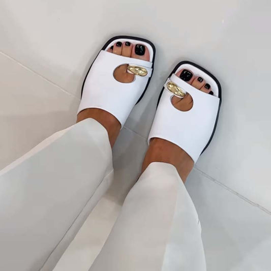 Square-head Hollowed Out Flat Slippers