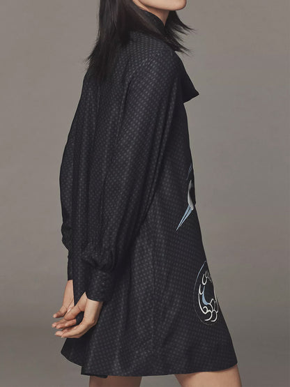 Adjustable Tie-neck Printed Loose Mini Dress