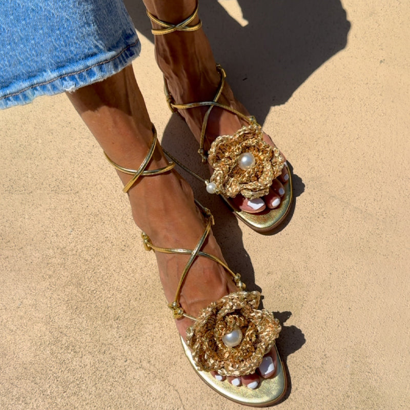 Faux Pearls Crochet Flower Flat Slippers