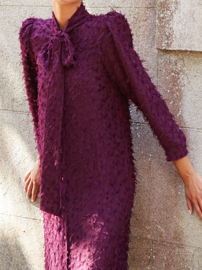 Neck Bow Long Sleeve Midi Dress