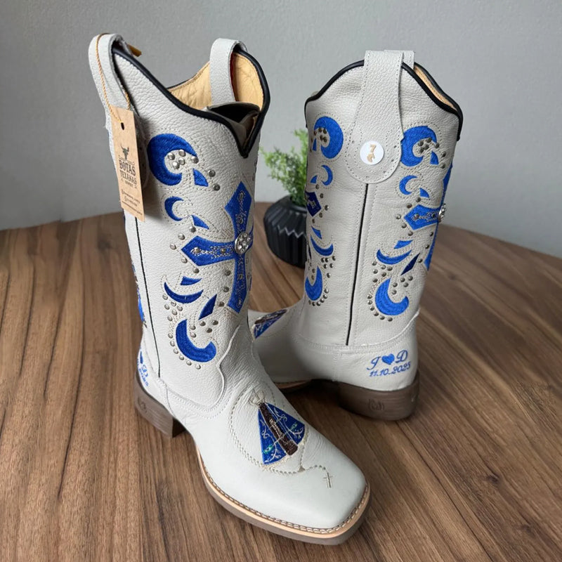 Embroidered Square-toed Boots