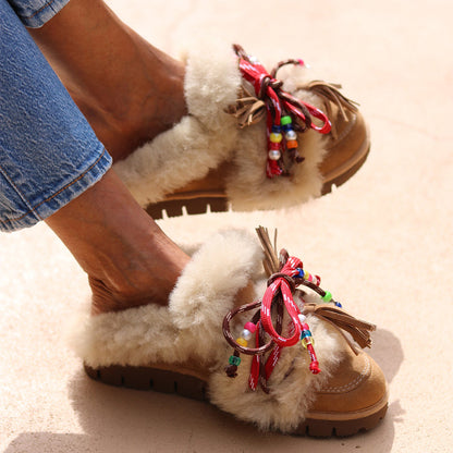 Beaded Fringed Plush Lace-Up Slippers