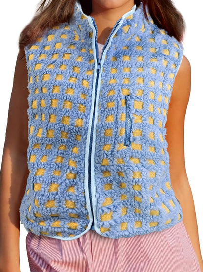 Plush Plaid Stand-collar Sleeveless Vest