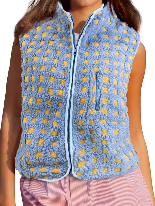 Plush Plaid Stand-collar Sleeveless Vest