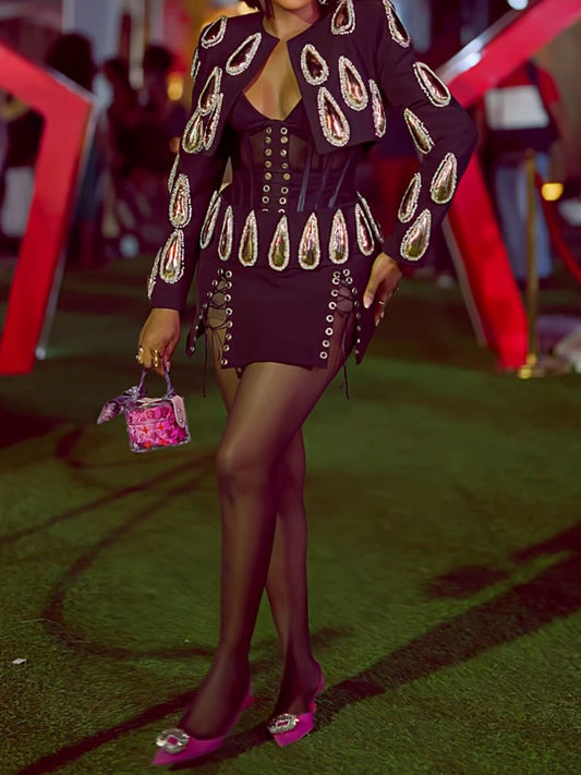 Shinny Eyelet Detail Two Pieces Dress