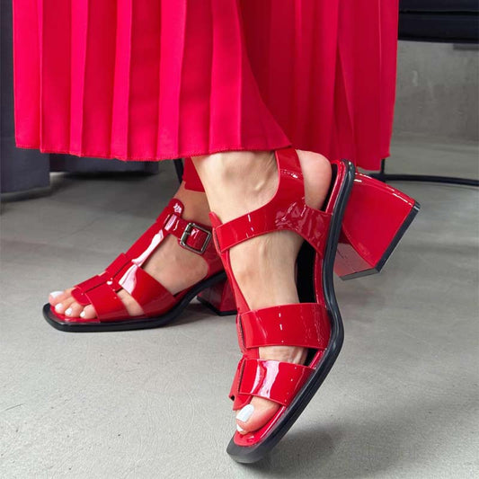 Square-toe Thick-heeled Woven Sandals