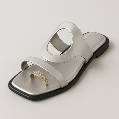 Silver Metallic Square - Toe Slide Sandals