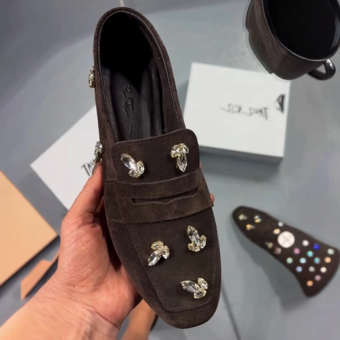 Suede Loafers with Crystal Embellishments