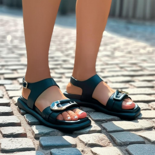 Metal Trim Square-toe Flat Sandals
