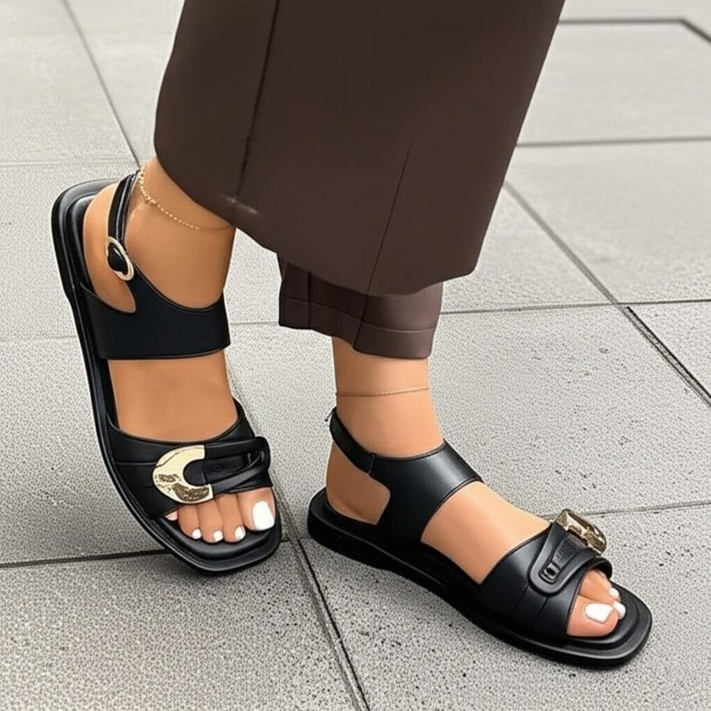 Metal Trim Square-toe Flat Sandals