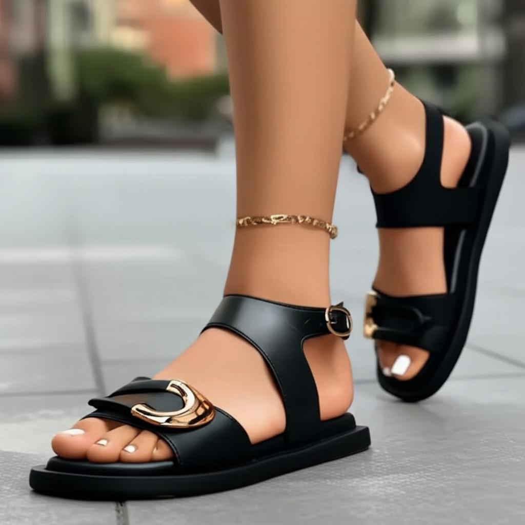 Metal Trim Square-toe Flat Sandals