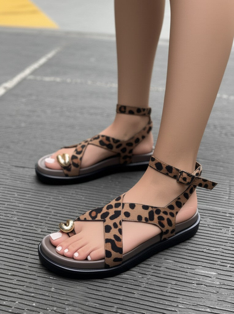 Simple All-Match Leopard-Print Flat Sandals