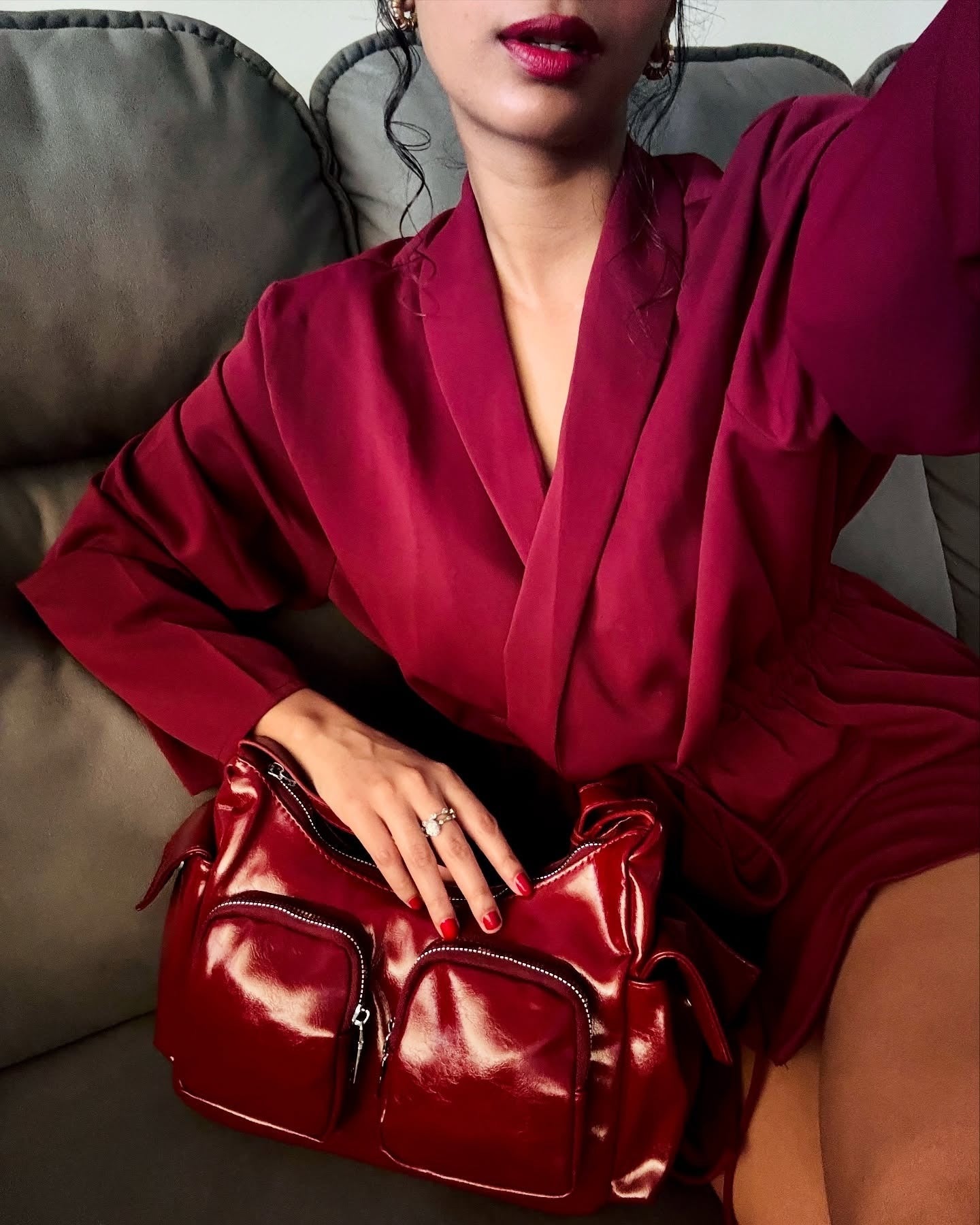 Multi-Pocket Sling Bag In Red