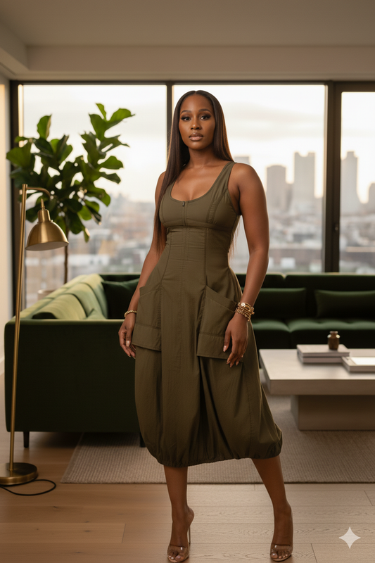 Olive Bubble Hem Midi Dress