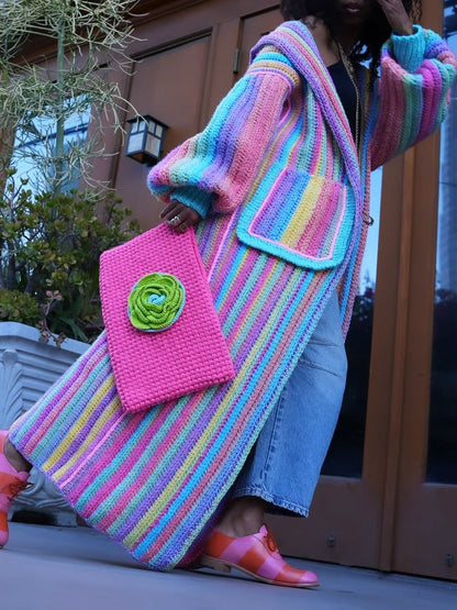 Rainbow Striped Open Front Long Sleeve Cardigan