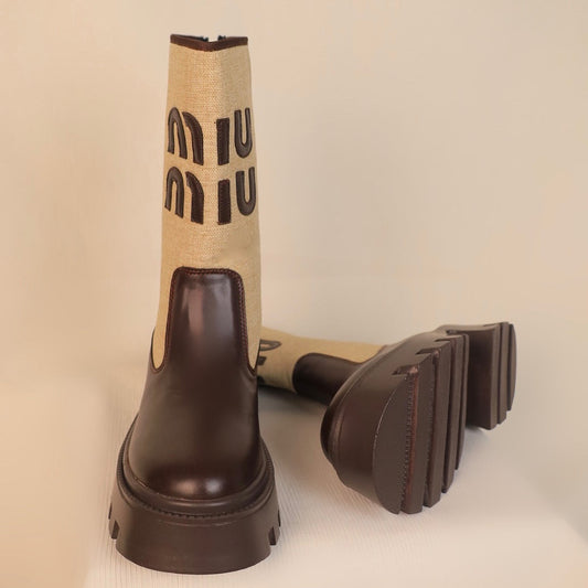 Brown Beige Patchwork Block Heel Boots