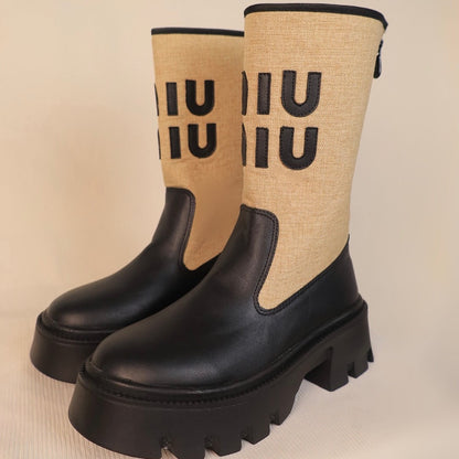 Brown Beige Patchwork Block Heel Boots