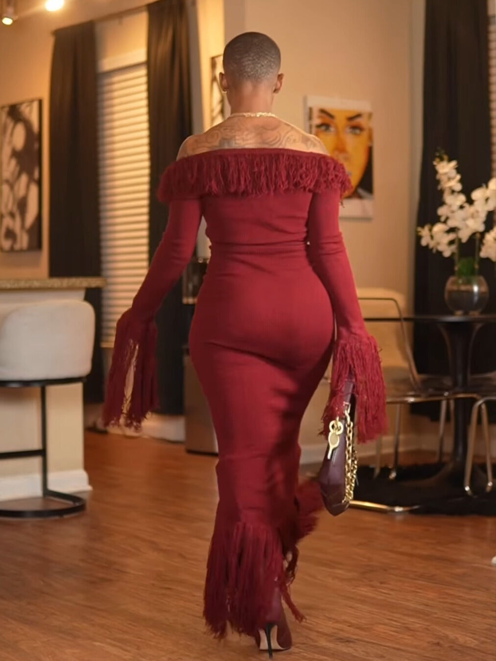 Deep V Neck Fringed Slit Hem Maxi Dress