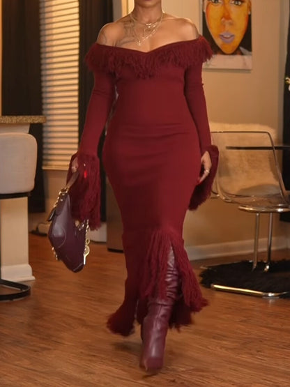 Deep V Neck Fringed Slit Hem Maxi Dress