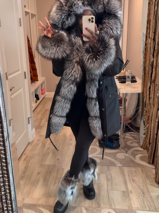 Faux Fox Fur Warm Hooded Collar Fur Coat