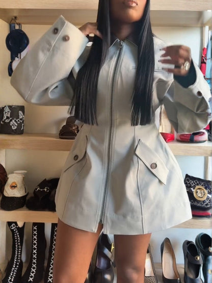 Faux Leather Collar Patchwork Zip Up Jacket