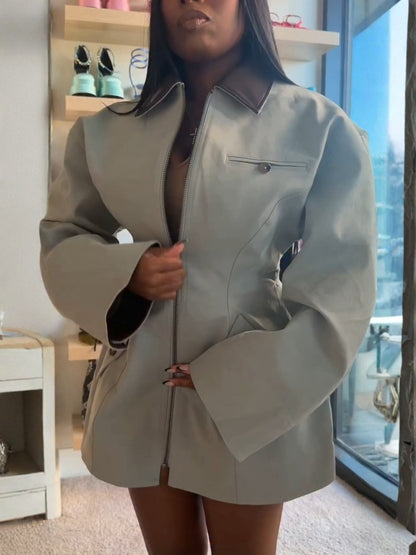 Faux Leather Collar Patchwork Zip Up Jacket