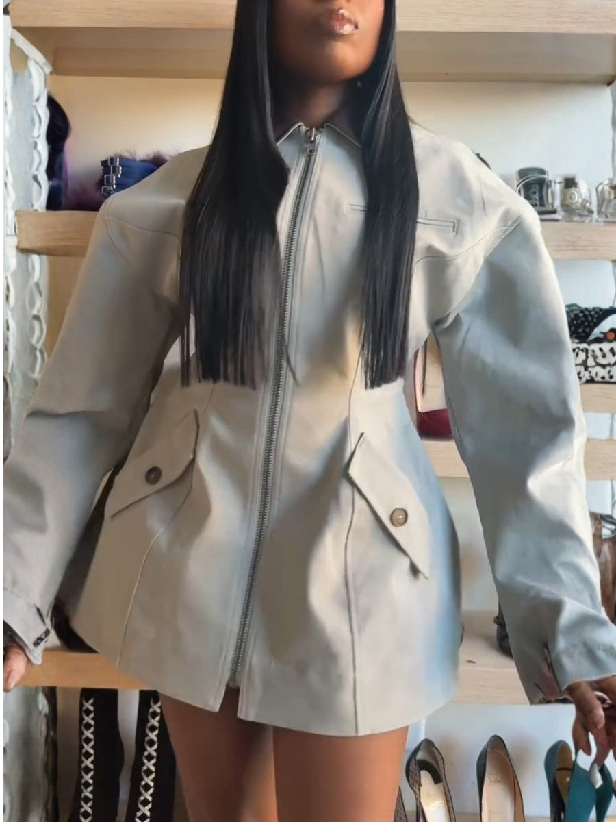 Faux Leather Collar Patchwork Zip Up Jacket