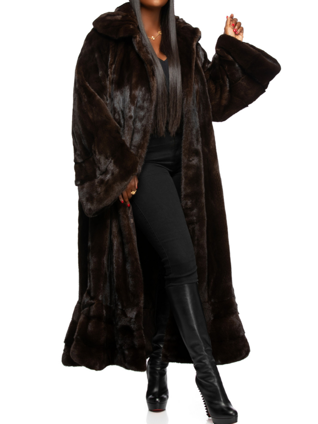 Dark Brown Faux Fur Longline Hooded Coat