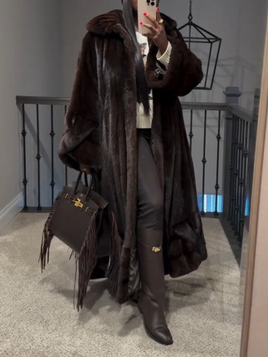 Dark Brown Faux Fur Longline Hooded Coat