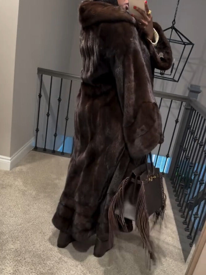 Dark Brown Faux Fur Longline Hooded Coat