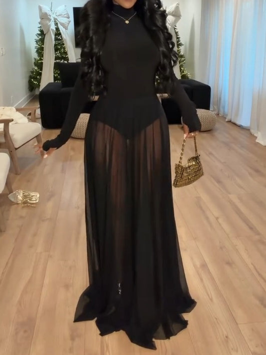 Black Turtleneck Long-Sleeve Sheer Maxi Dress